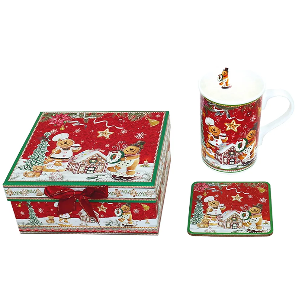 Σετ Δώρου Κούπα με Σουβέρ σε Κουτί – Χριστουγεννιάτικο Σχέδιο Gingerbread, 300ml